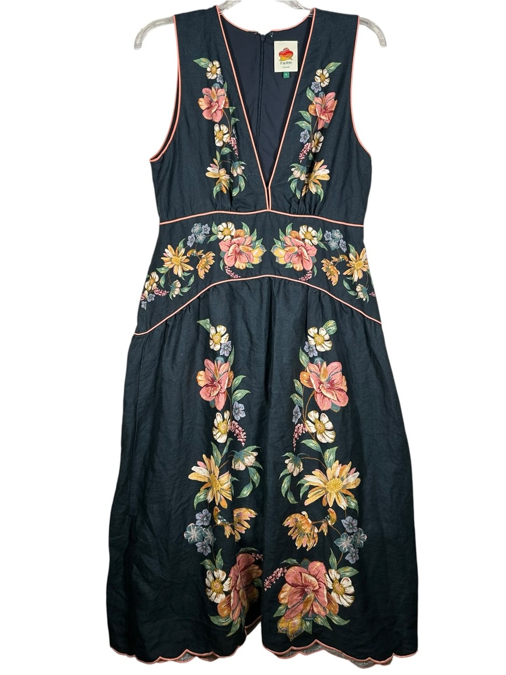 Farm Rio Dark Blue Maira Floral Premium Linen Scalloped Hem Midi Dress  XL - Picture 5 of 12